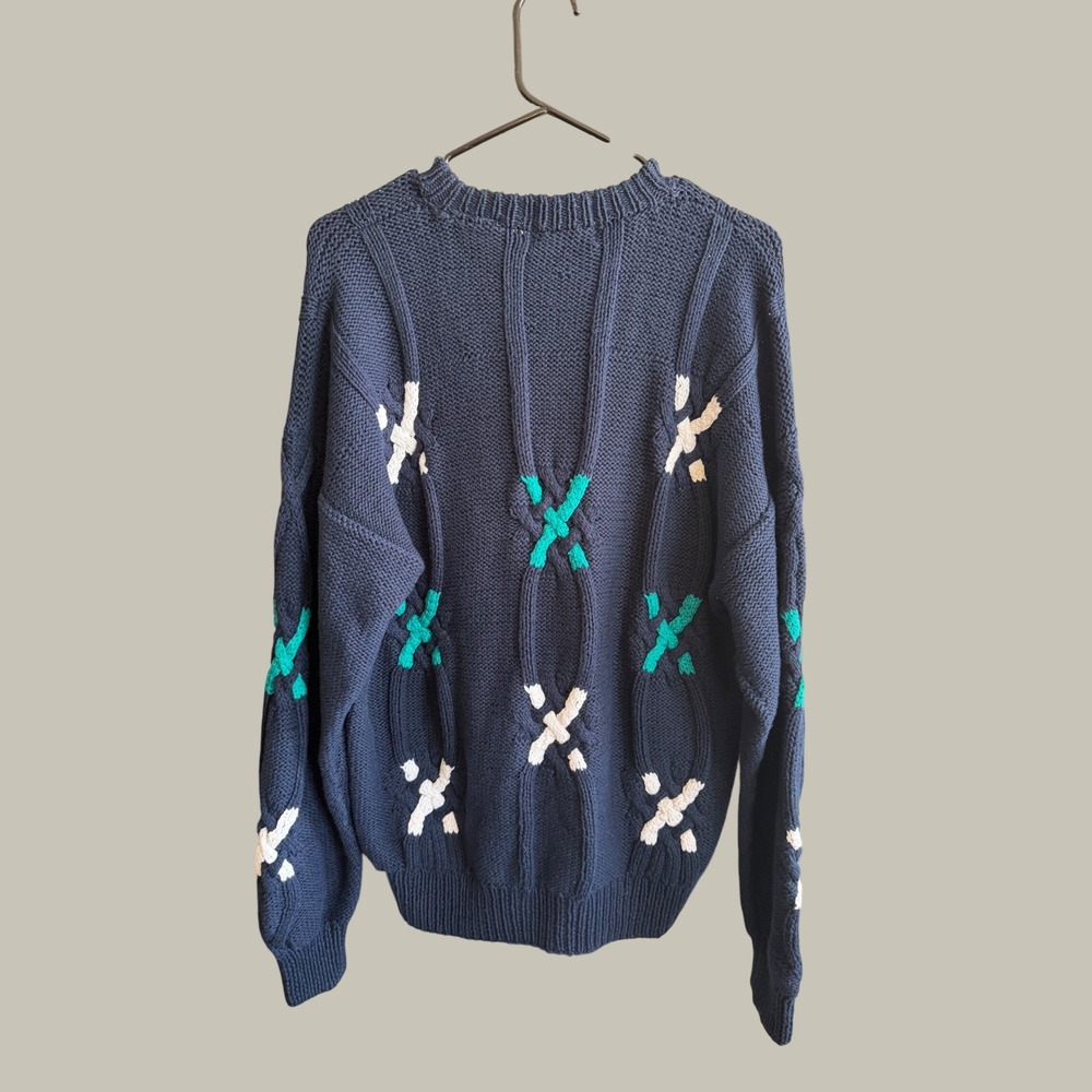 The‎ Kensington Collection Hand Knit Cotton Sweater Navy Blue Teal Geometric L - Picture 2 of 5